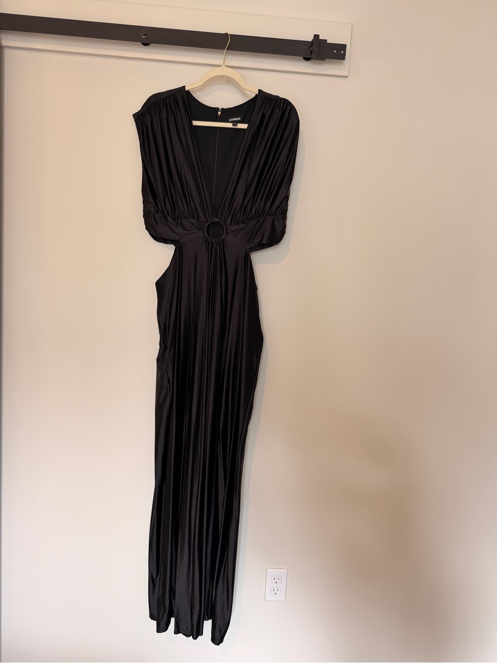Express Black Plunging V-Neck Wide-Leg Satin Cutout Jumpsuit - Picture 2 of 3